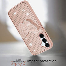 For Samsung A36 Case Butterfly Grip Stand with Faux Crystals + Tempered Glass