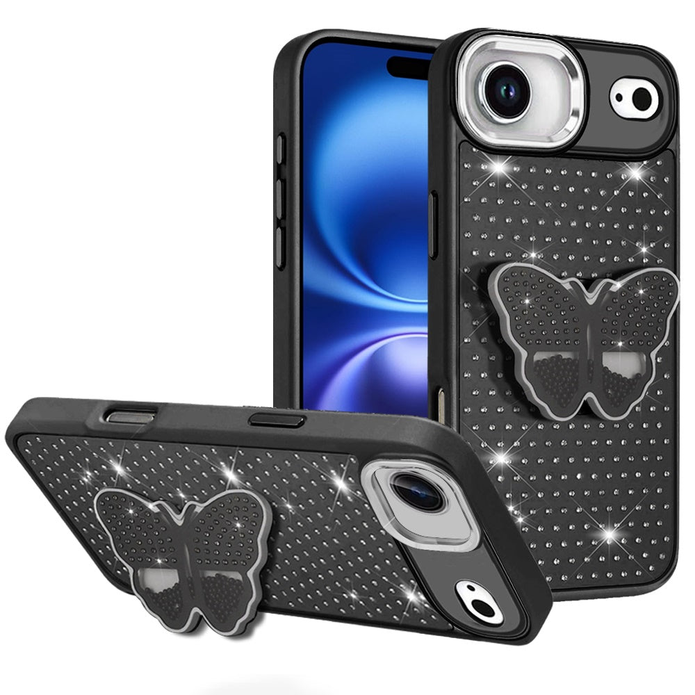 For iPhone Air Case Butterfly Grip Stand with Faux Crystals + Tempered Glass