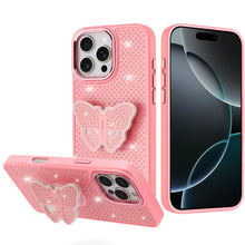 For iPhone 16 PRO MAX Case Butterfly Grip Stand Faux Crystals + Tempered Glass