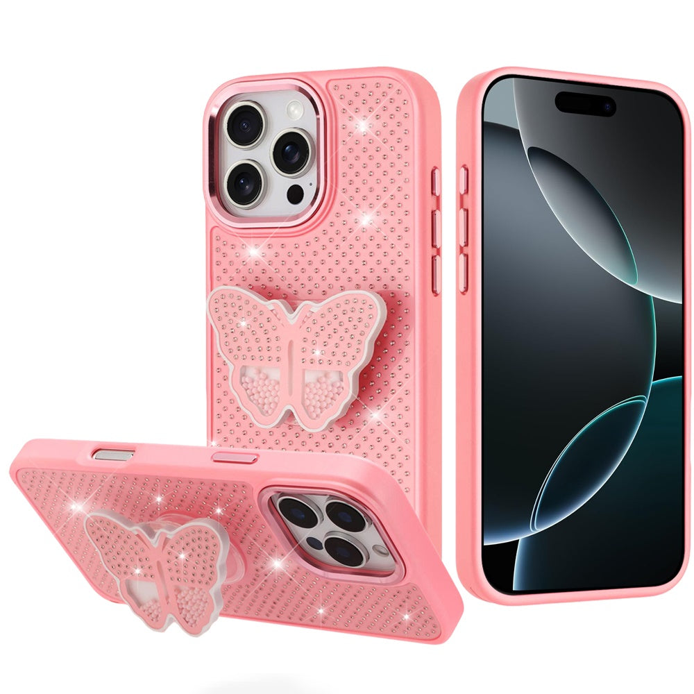 For iPhone 16 PRO MAX Case Butterfly Grip Stand Faux Crystals + Tempered Glass
