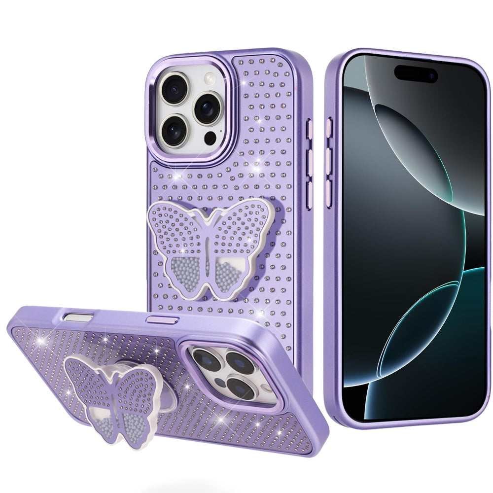 For iPhone 16 PRO MAX Case Butterfly Grip Stand Faux Crystals + Tempered Glass
