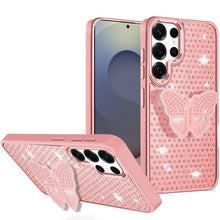 For Samsung S25 Ultra Case Butterfly Grip Stand Faux Crystals + Tempered Glass