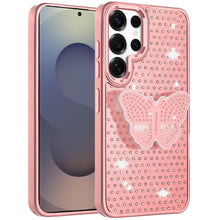For Samsung S25 Ultra Case Butterfly Grip Stand Faux Crystals + Tempered Glass