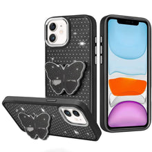 For iPhone 11 6.1 in. Case Butterfly Grip Stand Faux Crystals + Tempered Glass