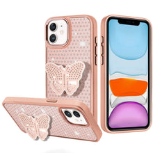 For iPhone 11 6.1 in. Case Butterfly Grip Stand Faux Crystals + Tempered Glass