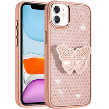 For iPhone 11 6.1 in. Case Butterfly Grip Stand Faux Crystals + Tempered Glass