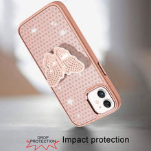 For iPhone 11 6.1 in. Case Butterfly Grip Stand Faux Crystals + Tempered Glass