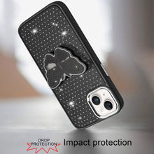 For iPhone 15 Case Butterfly Grip Stand with Faux Crystals + 2 Tempered Glass