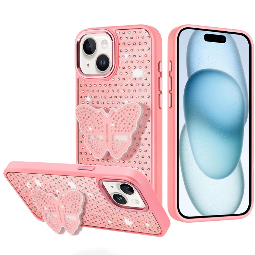 For iPhone 15 Case Butterfly Grip Stand with Faux Crystals + 2 Tempered Glass