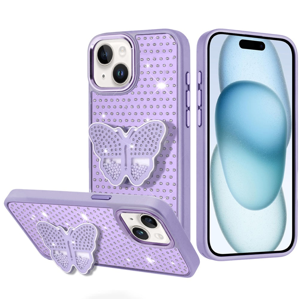 For iPhone 15 Case Butterfly Grip Stand with Faux Crystals + 2 Tempered Glass