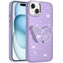 For iPhone 15 Case Butterfly Grip Stand with Faux Crystals + 2 Tempered Glass