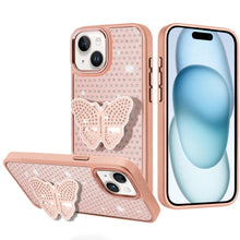 For iPhone 15 Case Butterfly Grip Stand with Faux Crystals + 2 Tempered Glass