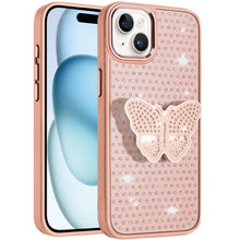 For iPhone 15 Case Butterfly Grip Stand with Faux Crystals + 2 Tempered Glass