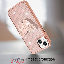 For iPhone 15 Case Butterfly Grip Stand with Faux Crystals + 2 Tempered Glass