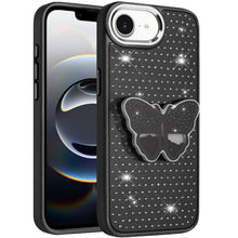 For iPhone 16e Case Butterfly Grip Stand w/ Faux Mini Crystals + Tempered Glass