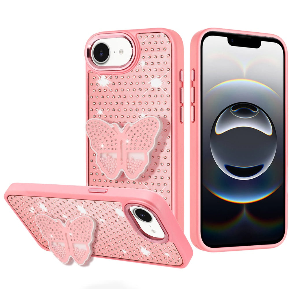 For iPhone 16e Case Butterfly Grip Stand w/ Faux Mini Crystals + Tempered Glass