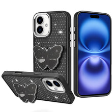 For iPhone 17 Case Butterfly Grip Stand with Faux Crystals + Tempered Glass