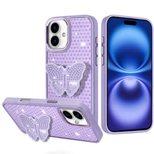 For iPhone 17 Case Butterfly Grip Stand with Faux Crystals + Tempered Glass
