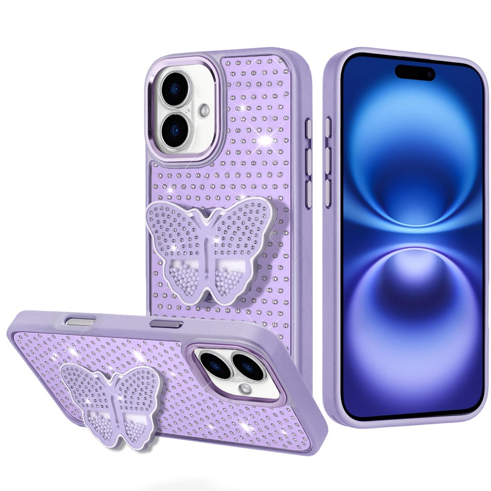 For iPhone 17 Case Butterfly Grip Stand with Faux Crystals + Tempered Glass