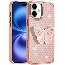 For iPhone 17 Case Butterfly Grip Stand with Faux Crystals + Tempered Glass
