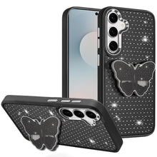 For Samsung S25 FE Case Butterfly Grip Stand Faux Crystals + Tempered Glass
