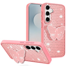 For Samsung S25 FE Case Butterfly Grip Stand Faux Crystals + Tempered Glass