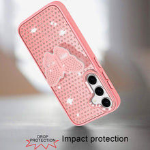 For Samsung S25 FE Case Butterfly Grip Stand Faux Crystals + Tempered Glass
