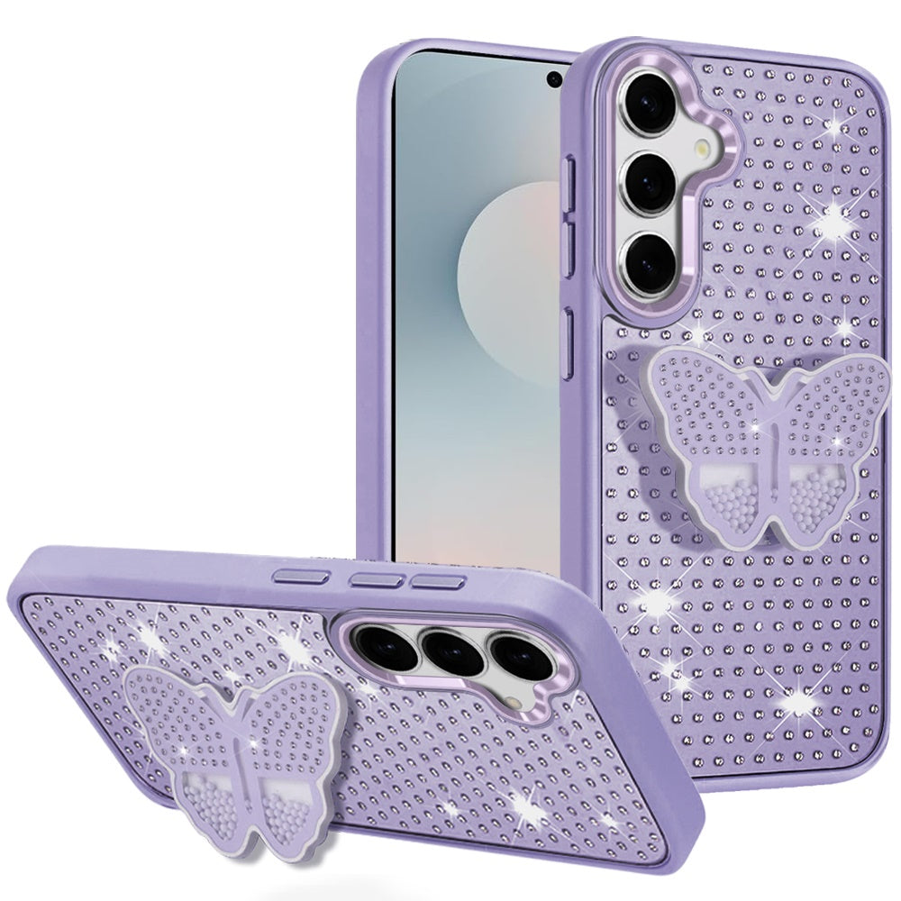 For Samsung S25 FE Case Butterfly Grip Stand Faux Crystals + Tempered Glass