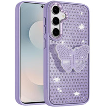 For Samsung S25 FE Case Butterfly Grip Stand Faux Crystals + Tempered Glass