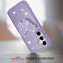 For Samsung S25 FE Case Butterfly Grip Stand Faux Crystals + Tempered Glass