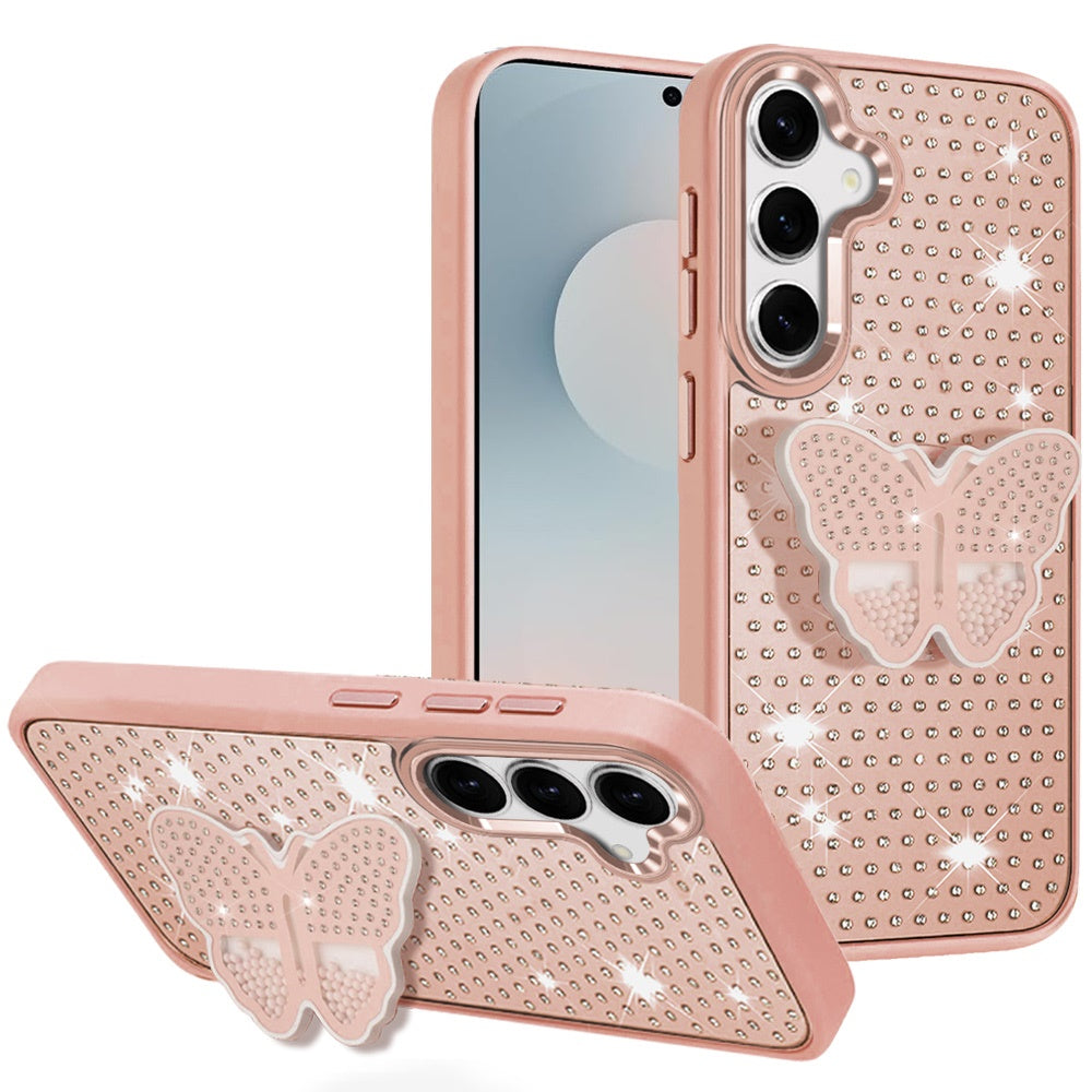 For Samsung S25 FE Case Butterfly Grip Stand Faux Crystals + Tempered Glass