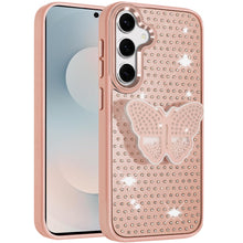 For Samsung S25 FE Case Butterfly Grip Stand Faux Crystals + Tempered Glass