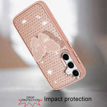 For Samsung S25 FE Case Butterfly Grip Stand Faux Crystals + Tempered Glass