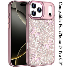 For iPhone 17 PRO Case Full Glitter Flakes w/ Cute Butterflies + Tempered Glass