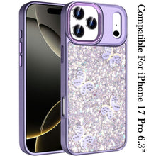 For iPhone 17 PRO Case Full Glitter Flakes w/ Cute Butterflies + Tempered Glass