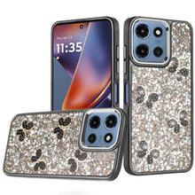 For Moto G 2025 Case Full Glitter Flakes w/ Cute Butterflies + Tempered Glass