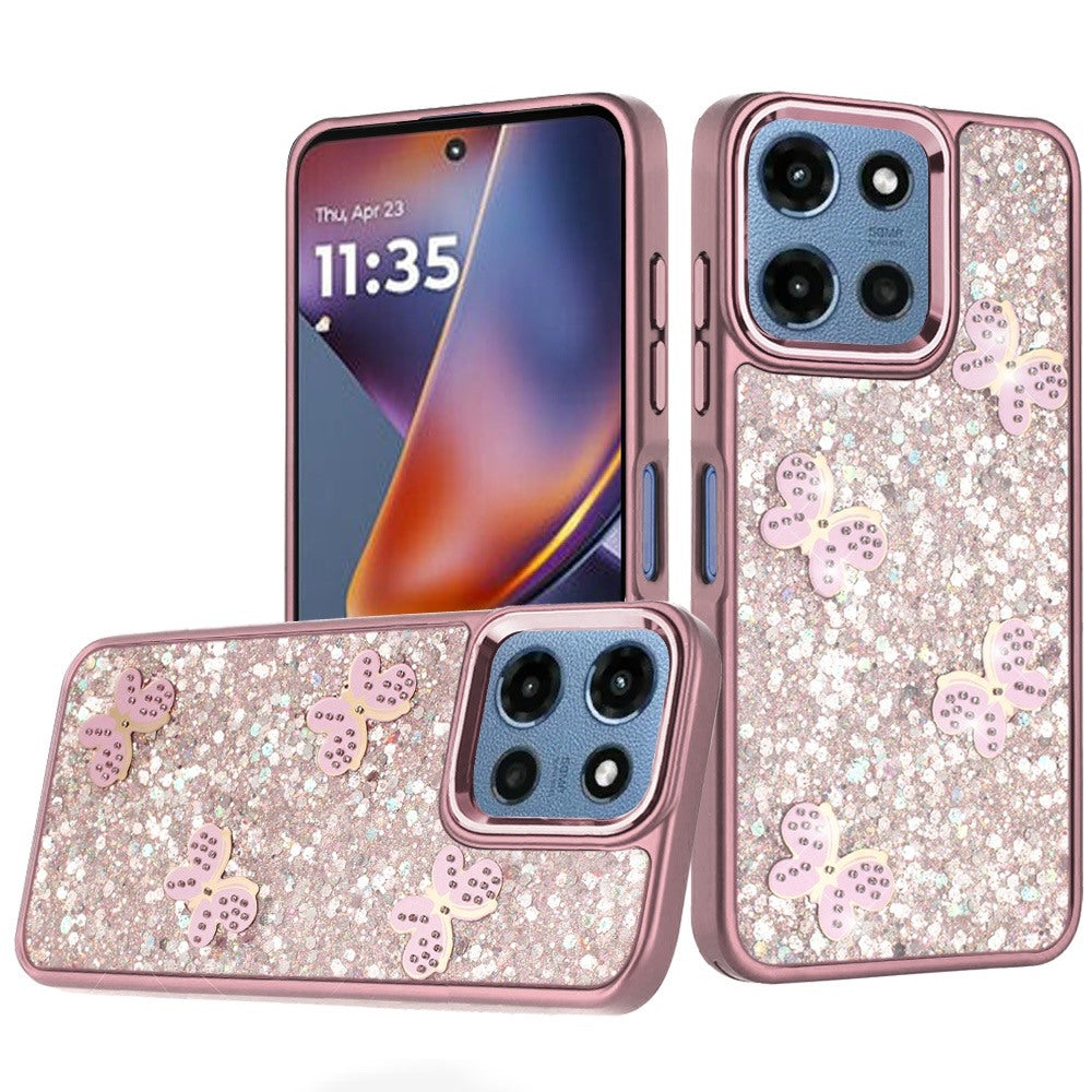 For Moto G 2025 Case Full Glitter Flakes w/ Cute Butterflies + Tempered Glass