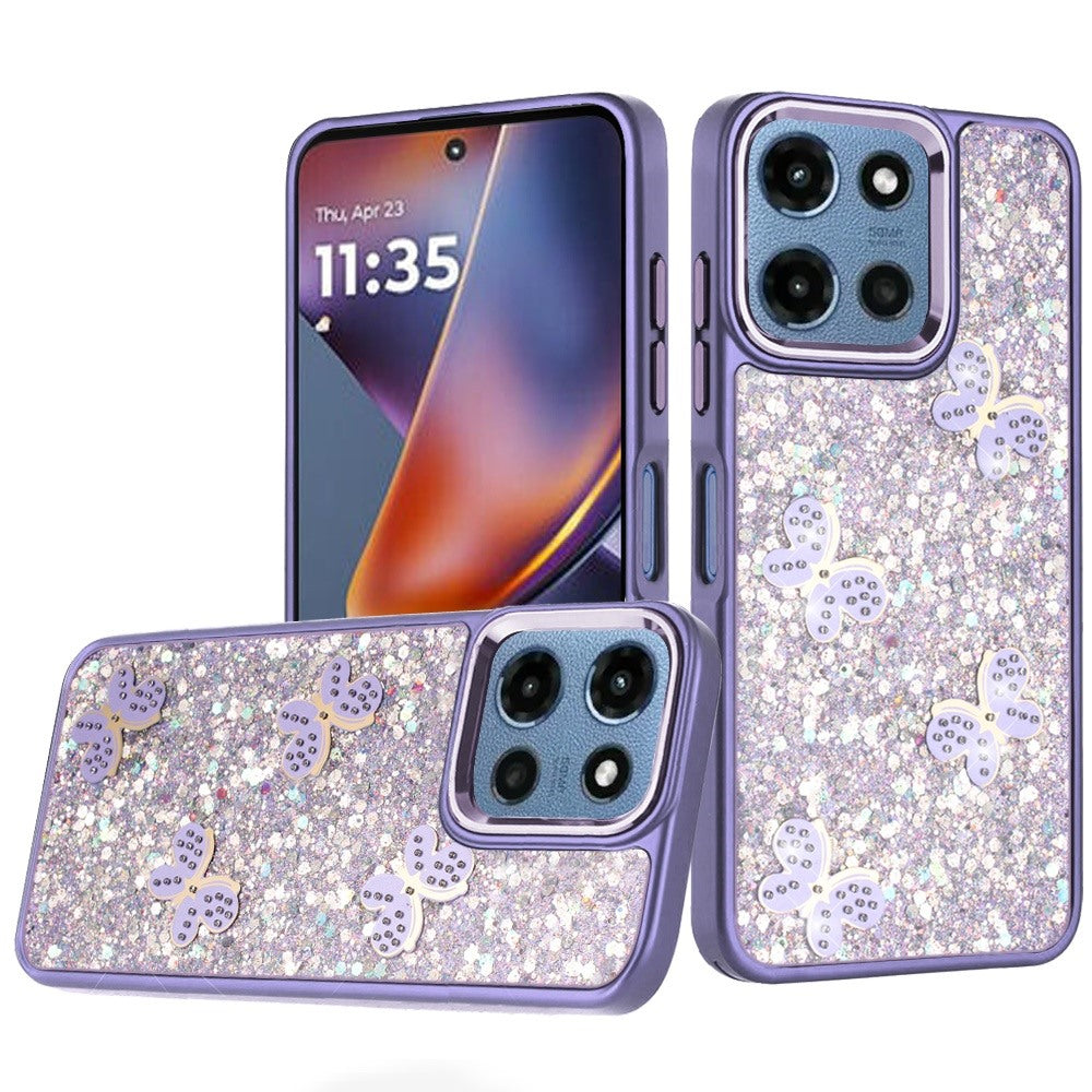 For Moto G 2025 Case Full Glitter Flakes w/ Cute Butterflies + Tempered Glass