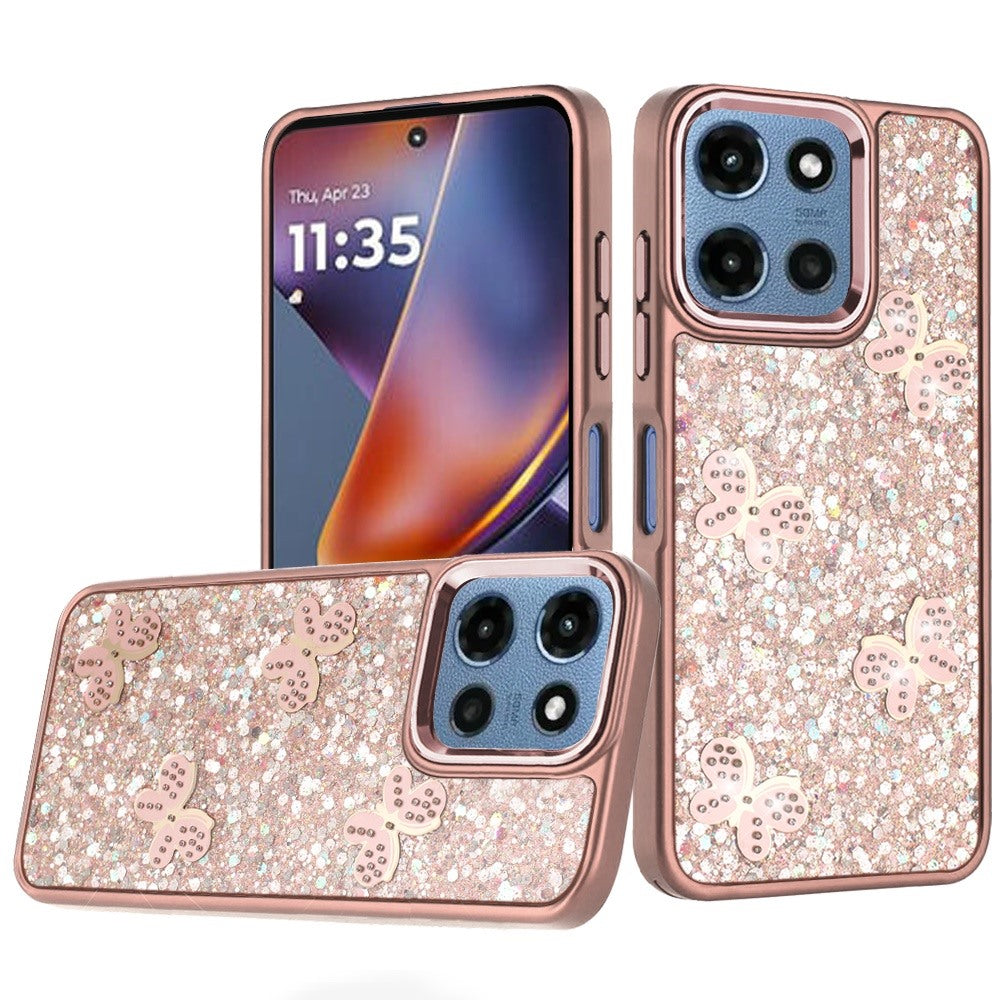 For Moto G 2025 Case Full Glitter Flakes w/ Cute Butterflies + Tempered Glass