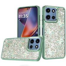 For Moto G 2025 Case Full Glitter Flakes w/ Cute Butterflies + Tempered Glass