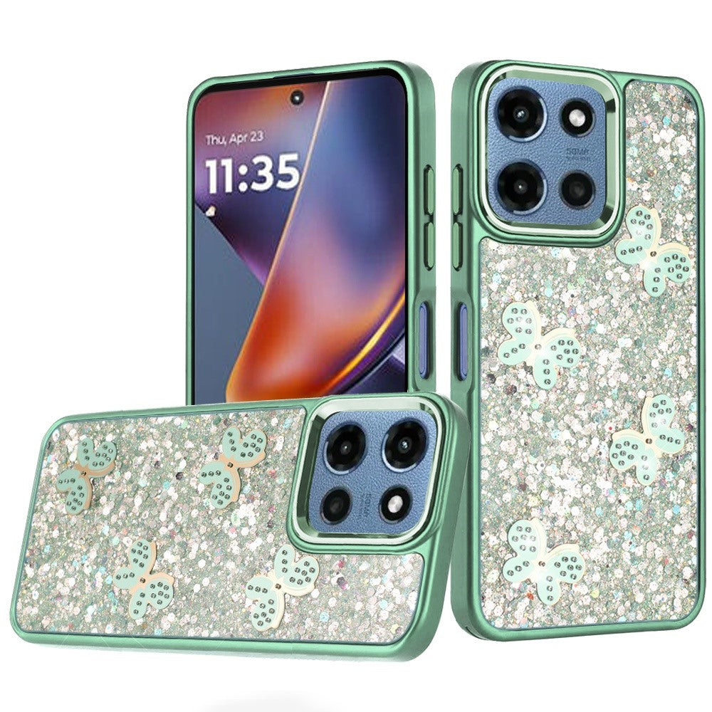 For Moto G 2025 Case Full Glitter Flakes w/ Cute Butterflies + Tempered Glass