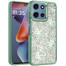 For Moto G 2025 Case Full Glitter Flakes w/ Cute Butterflies + Tempered Glass