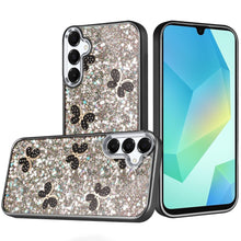 For Samsung A16 5G Case Full Glitter Flakes w/ Cute Butterflies + Tempered Glass