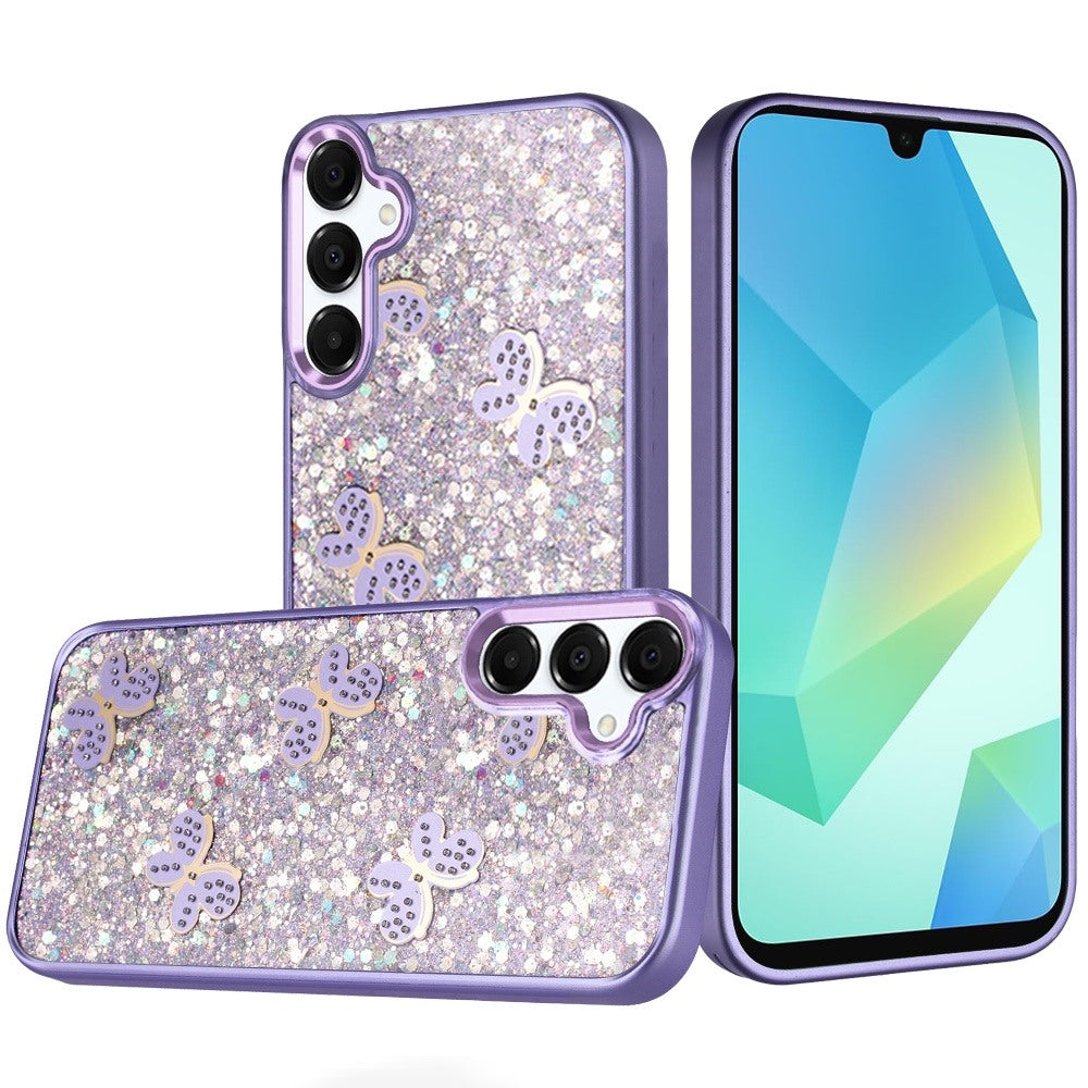For Samsung A16 5G Case Full Glitter Flakes w/ Cute Butterflies + Tempered Glass