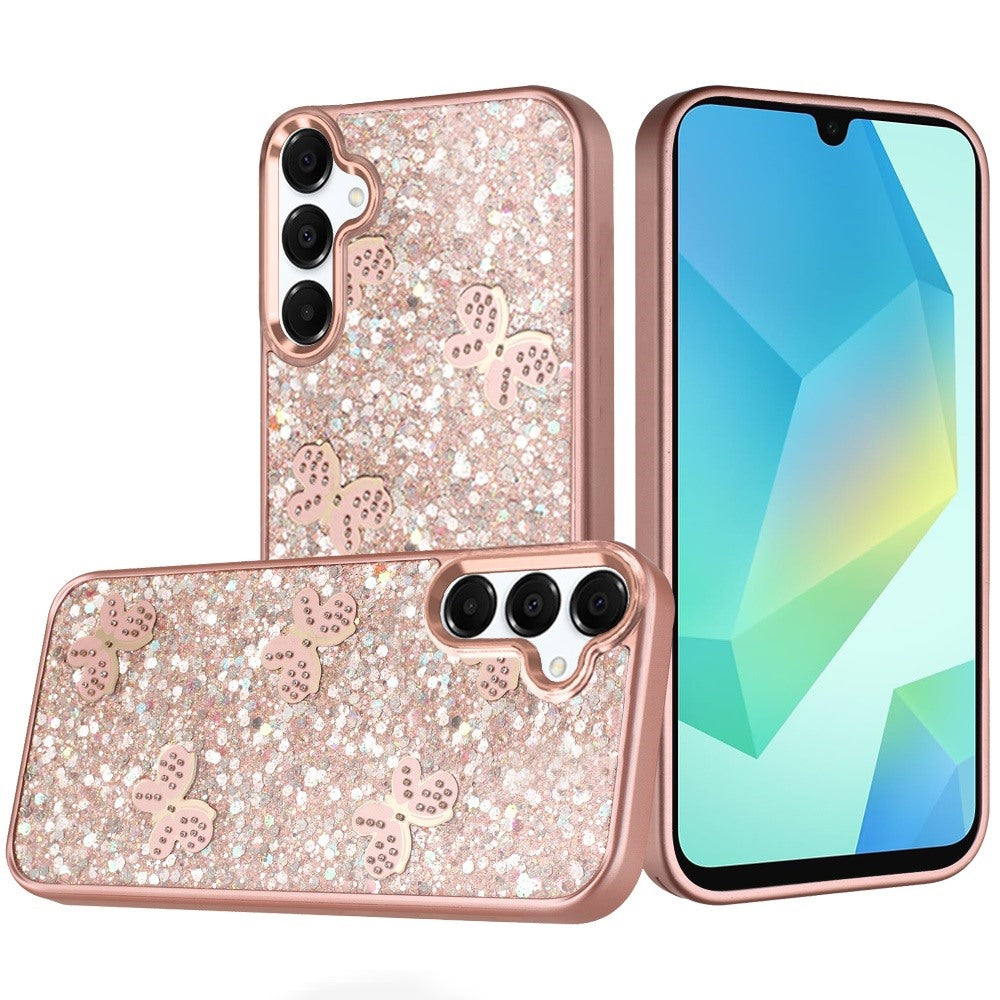 For Samsung A16 5G Case Full Glitter Flakes w/ Cute Butterflies + Tempered Glass