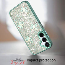 For Samsung A16 5G Case Full Glitter Flakes w/ Cute Butterflies + Tempered Glass