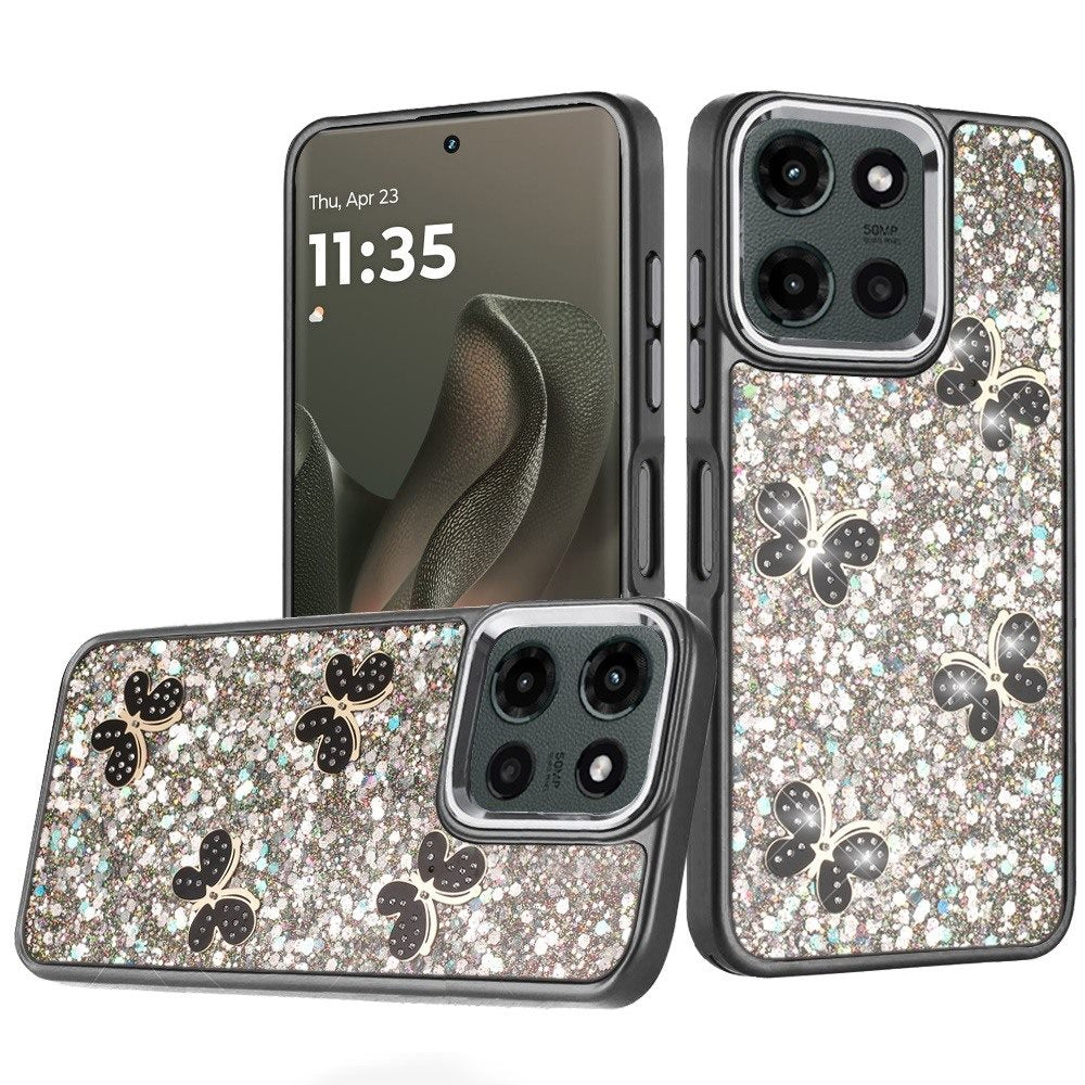 For Motorola Edge 2025 Case Full Glitter Flakes with Cute Butterflies Cover