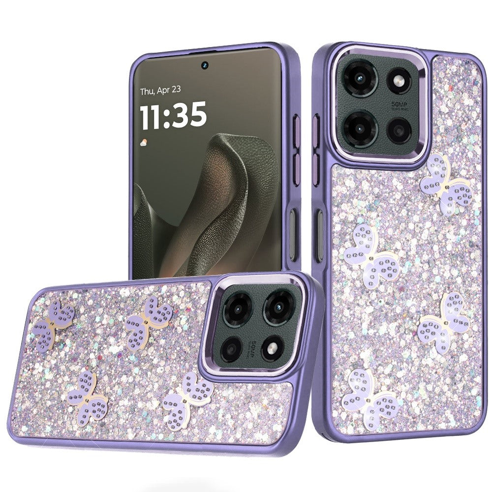 For Motorola Edge 2025 Case Full Glitter Flakes with Cute Butterflies Cover