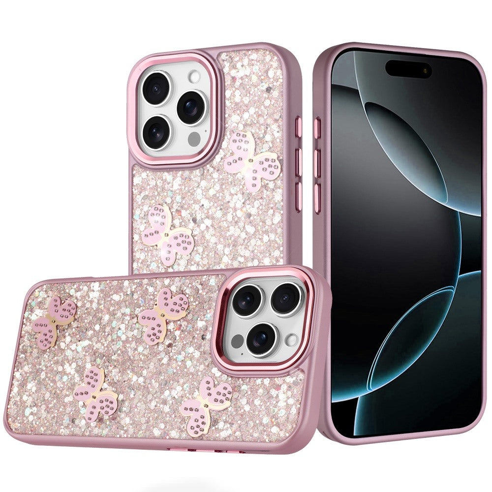 For iPhone 16 PRO MAX Case Glitter Flakes with Cute Butterflies + Tempered Glass