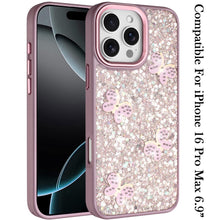 For iPhone 16 PRO MAX Case Glitter Flakes with Cute Butterflies + Tempered Glass